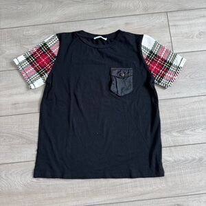 Zara Women's Crewneck Black Tee with Colorful Plaid Sleeves, size M